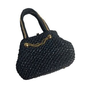 Vintage woven black straw kisslock lined mini satchel gold chains made in Japan